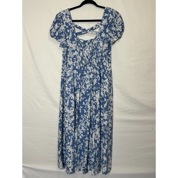 Springfield Women's Linen Blend Blue Floral Front Button Midi Sun Dress Size 8 - Picture 4 of 5